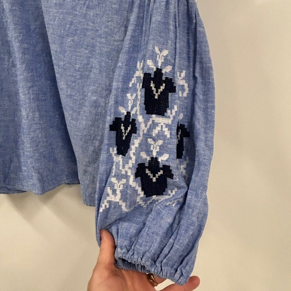 Zara Basic Blue Peasant Top Medium Boho Embroider… - image 2